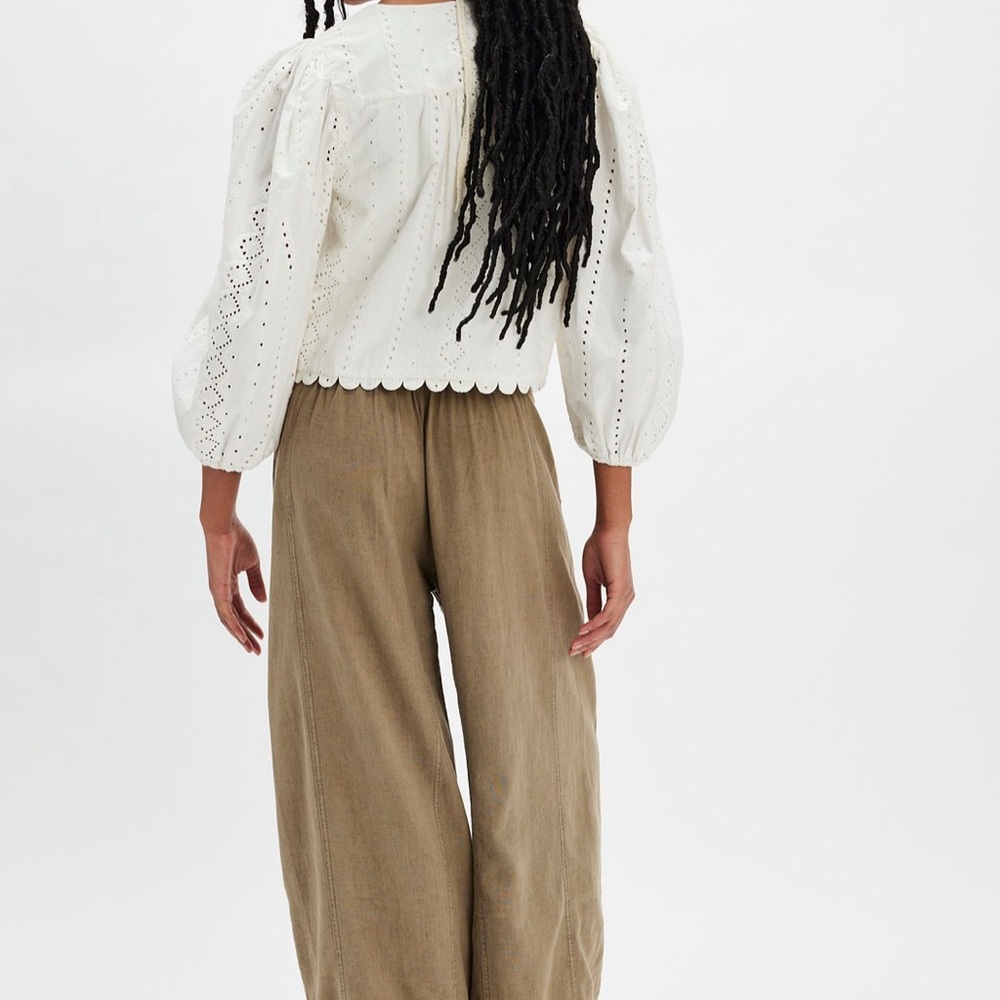Free People Wide Leg Linen-Blend Pants in Olive/Tan - Picture 3 of 9